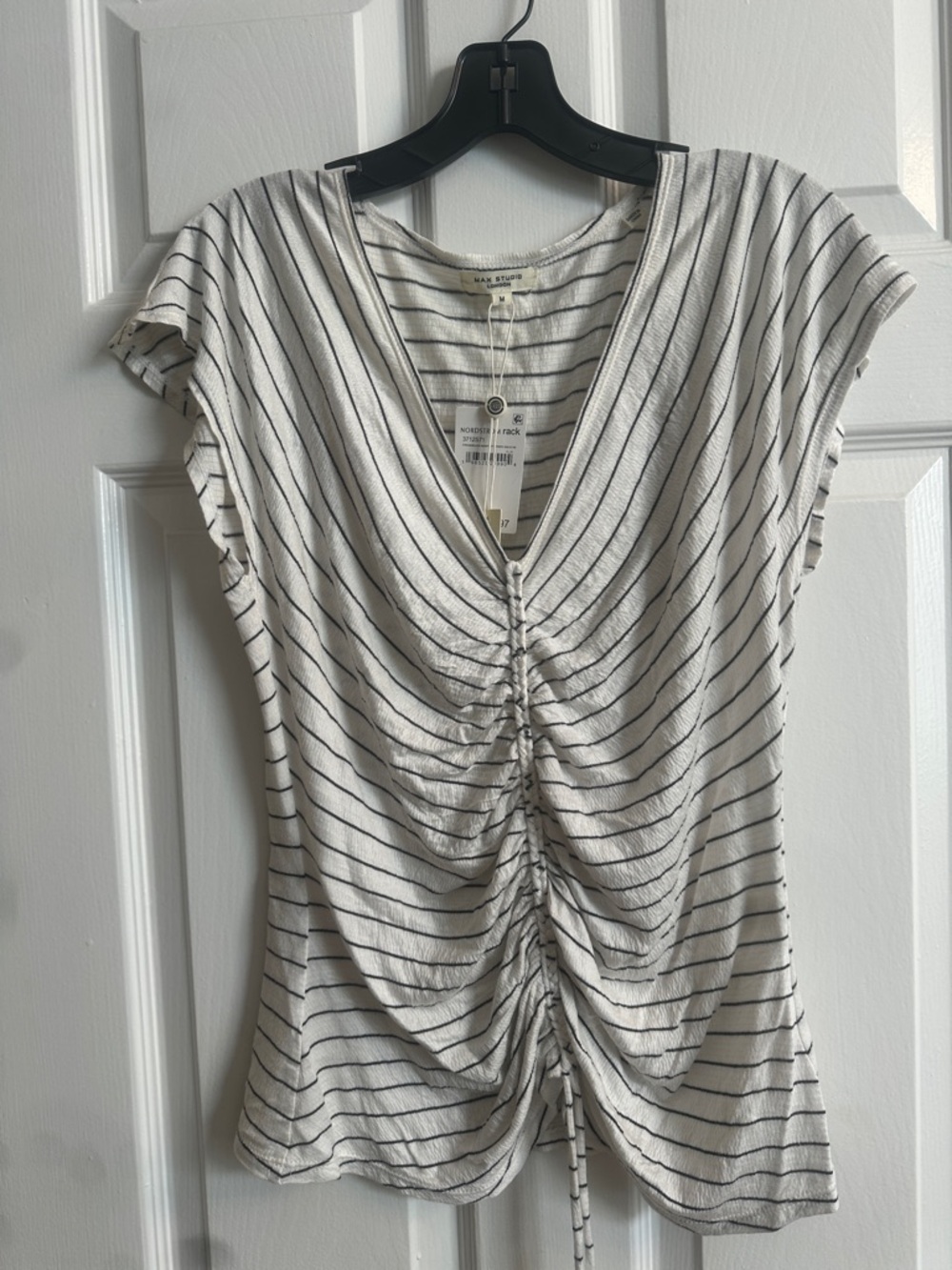 Max Studio Cream and Black Striped Ruched V-Neck Crop Top